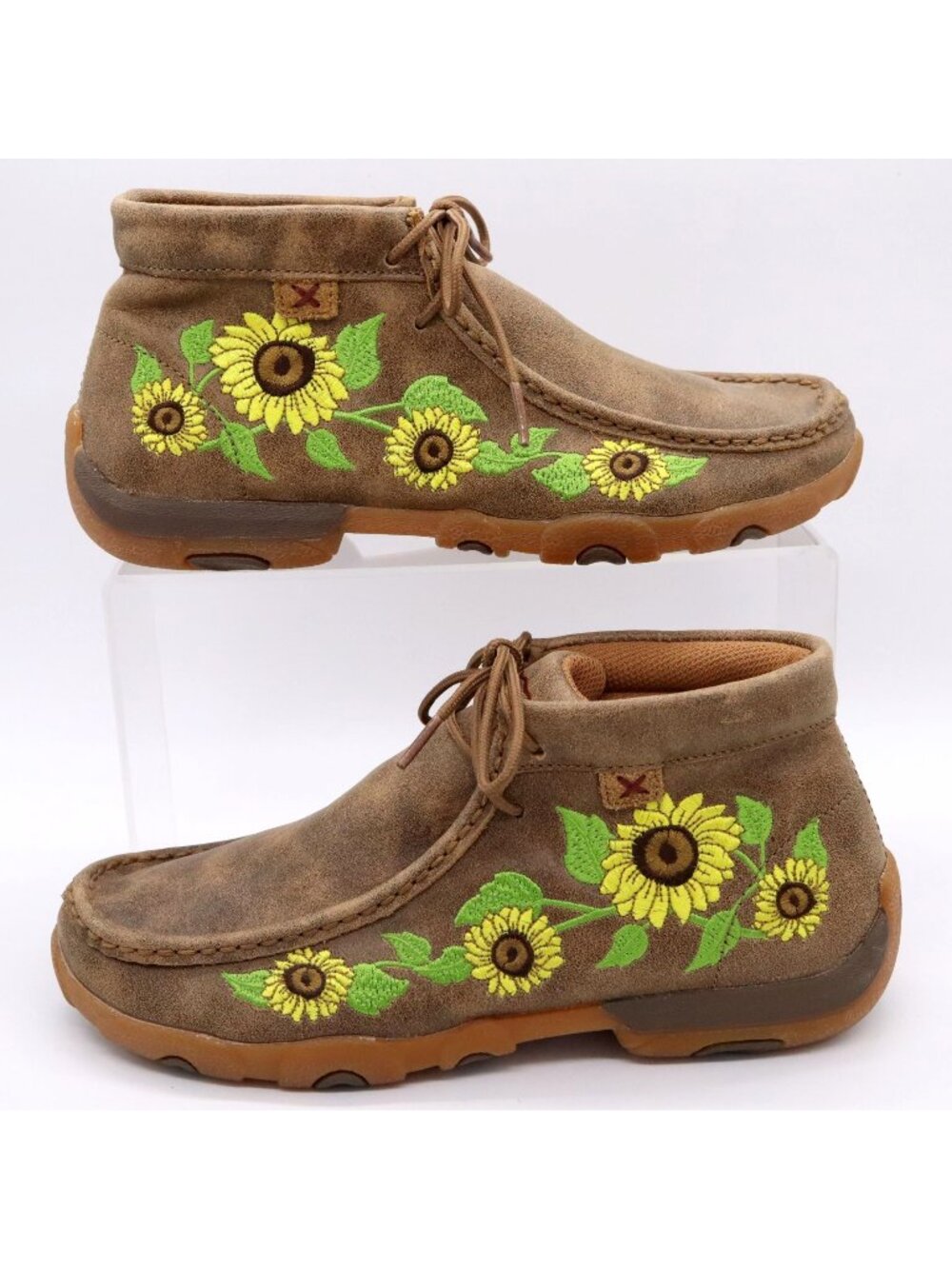 Twisted X Brown Leather Chukka Driving Moc w/ Sunflower Embroidery Women’s Sz 6